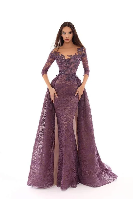 Tarik Ediz - Embroidered Illusion Neck Dress With Overskirt 93633