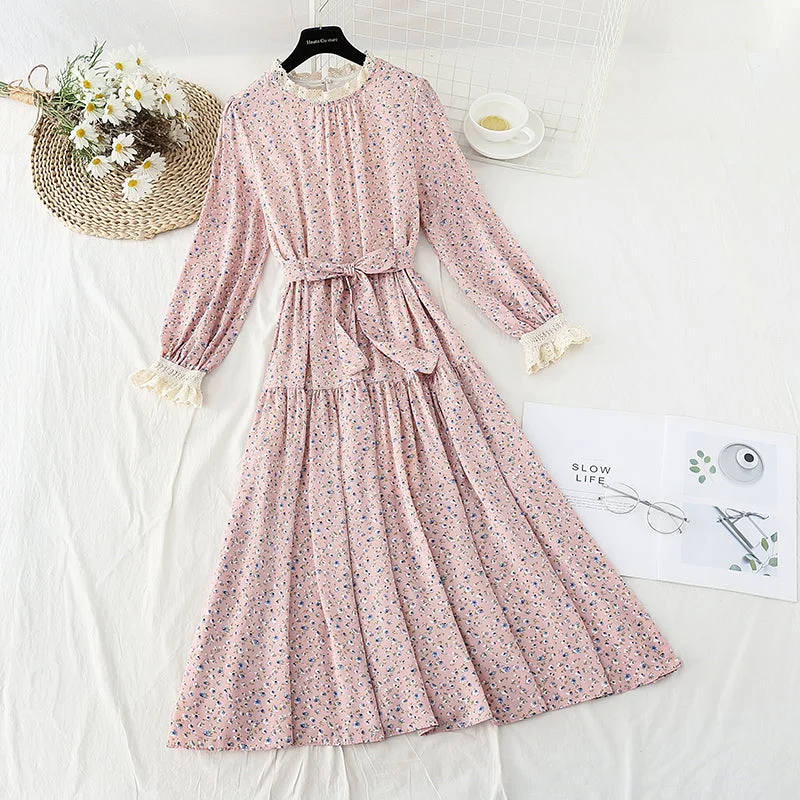 French retro floral dress slim chiffon long skirt  4829
