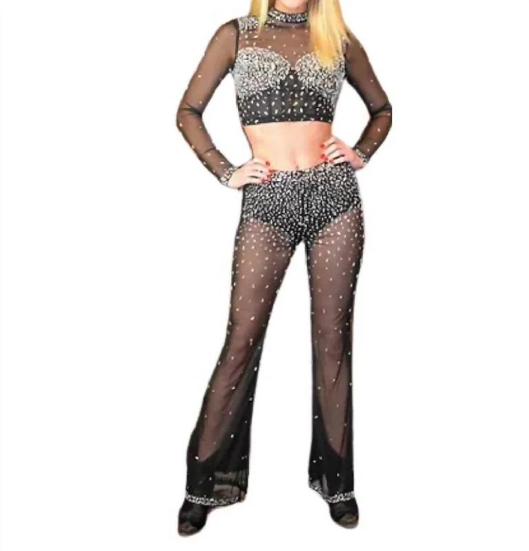 Rhinestone Mesh Set Top Bottom In Black