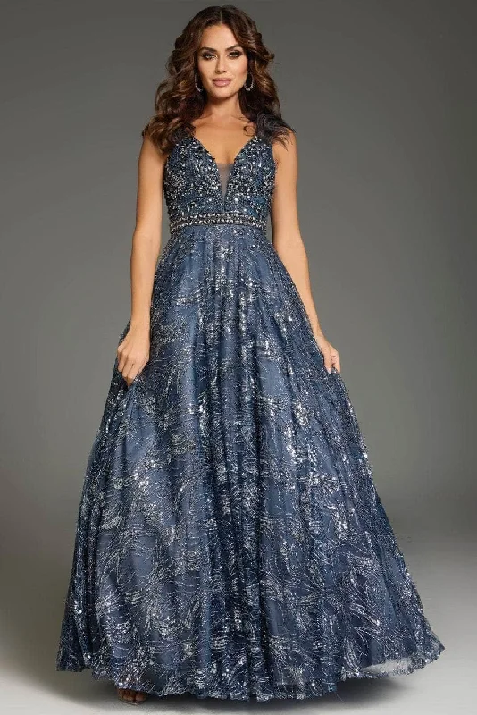 Jovani 37551 - Rhinestone Embellished Plunging V-Neck Prom Gown