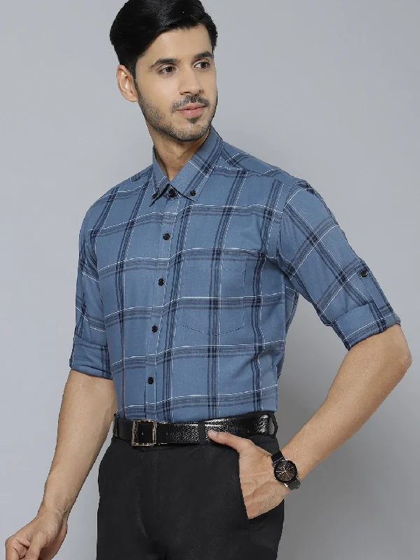 Men Blue  Black Pure Cotton Smart Slim Fit Windowpane Checks Formal Shirt