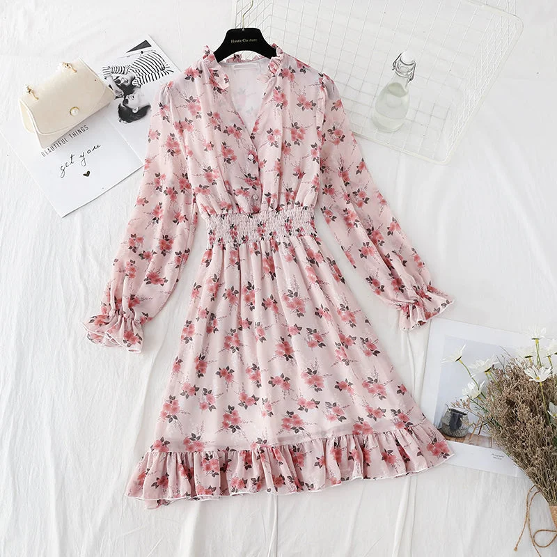 New female V Neck elastic waist Floral Dress Chiffon Skirt  4813