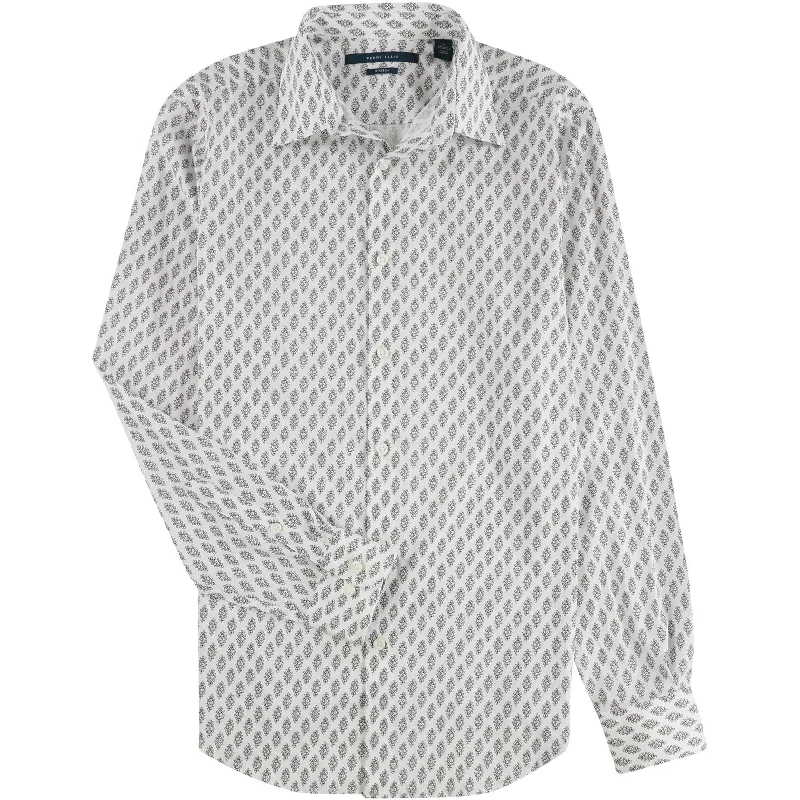 Perry Ellis Mens Printed Button Up Shirt, White, Small