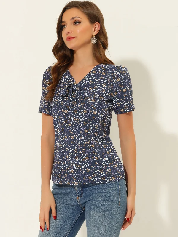 Bow Tie V Neck Short Sleeve Straight Loose Breathable Printed Blouse