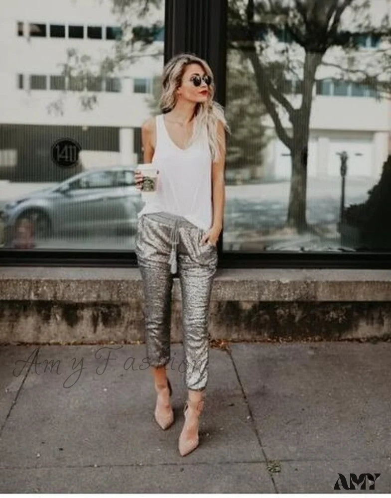 Amy Fashion - Sequin Elastic Waist Lace-up Long Pants