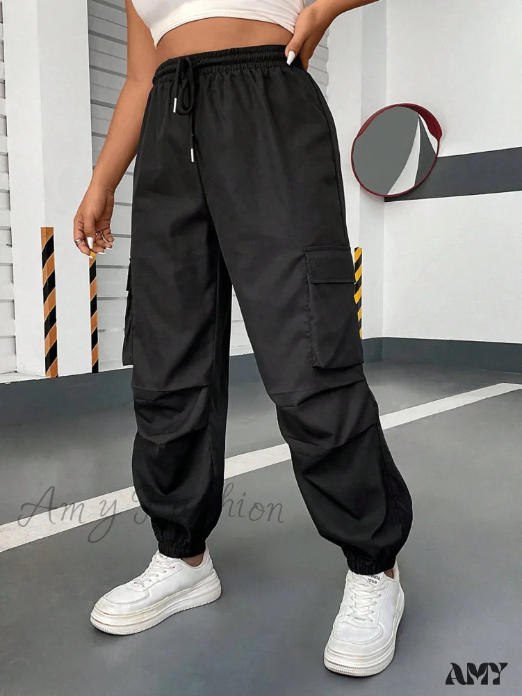 Amy Fashion - Flap Pocket Side Drawstring Waist Cargo Pants