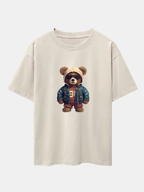 Bear In Leather Jacket Print Drop Shoulder Oversize T-Shirt