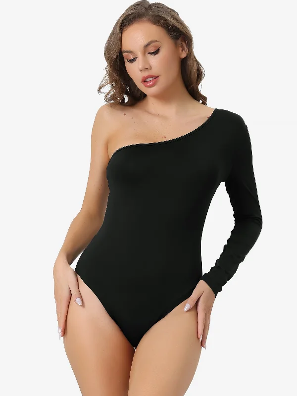 One Shoulder Stretchy Long Sleeve Bodycon Leotard Bodysuit