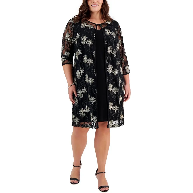 Connected Apparel Womens Plus Metallic Jacket Dress Sheath Dress