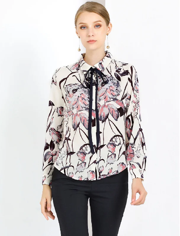 Tie Neck Floral Abstract Long Sleeve Office Point Collar Blouse