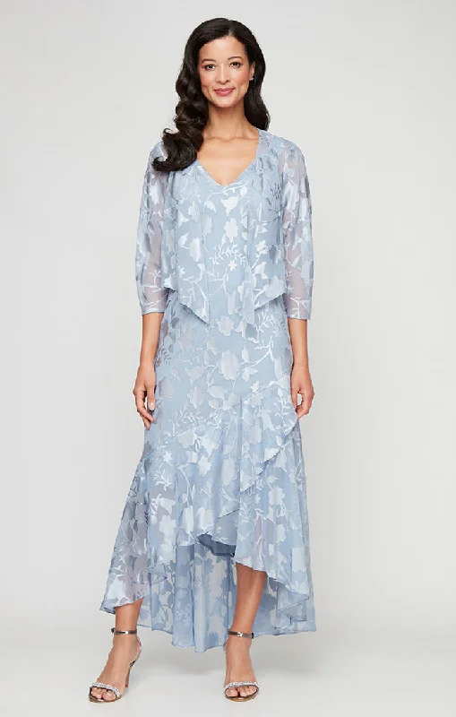 Chiffon Jacket Dress with High/Low Tulip Hem Skirt & Open Cascade Jacket