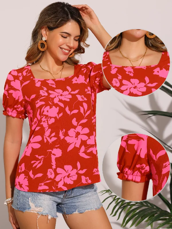 Floral Square Neck Puff Short Sleeve Blouse
