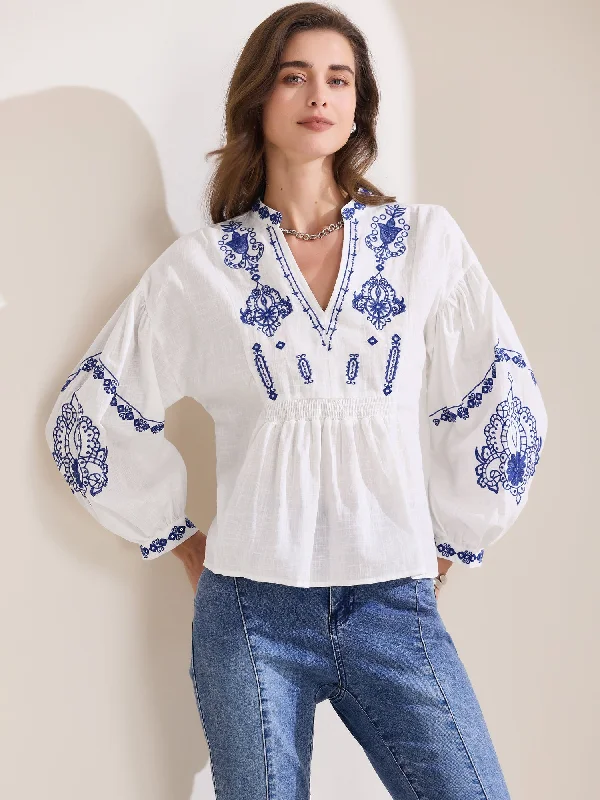 Boho Floral Embroidered V Neck Long Sleeve Casual Blouse
