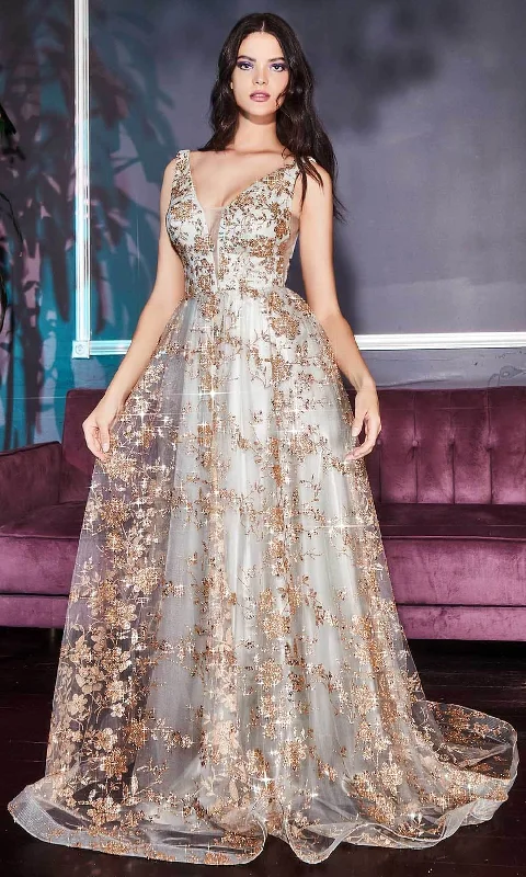 Ladivine CB068 - Metallic Lace V-Neck Prom Gown