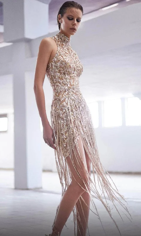MNM Couture M1018 - Fringed Skirt Cutout Back Evening Dress