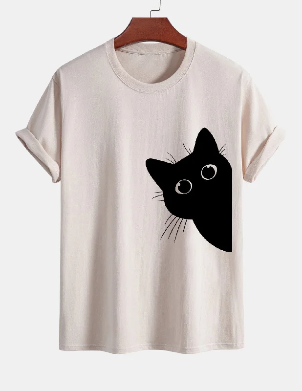 Regular Fit Black Cat Looking Out Print Cotton T-Shirt