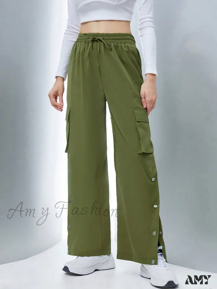 Amy Fashion - Flap Pocket Side Drawstring Waist Button Hem Cargo Pants