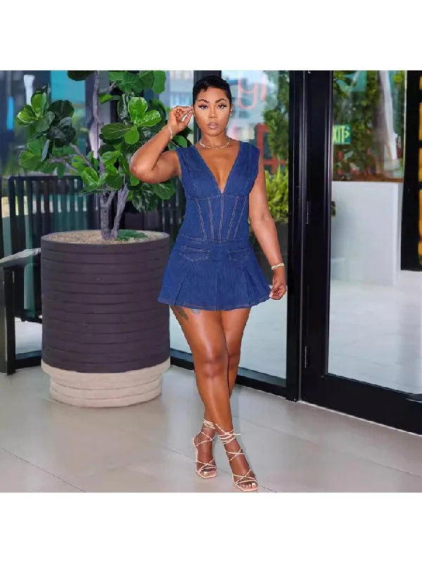 Denim V Neck Sleeveless Pleated Skort