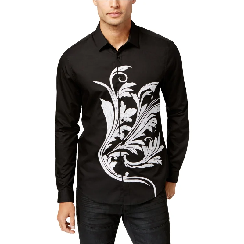 I-N-C Mens Embroidered Button Up Shirt, Black, Small