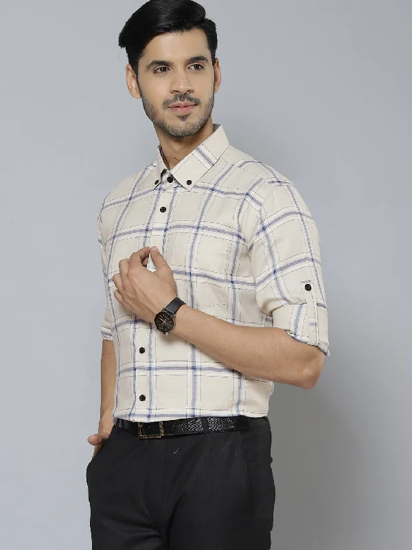 Men Cream-Coloured  Blue Smart Slim Fit Checked Formal Shirt