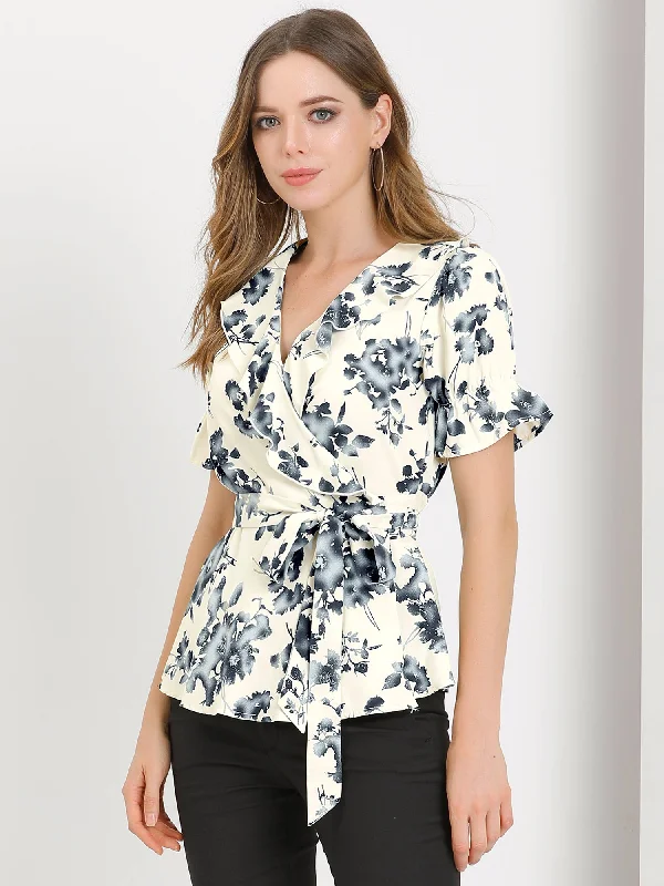 Wrap Peplum Tie Waist Short Sleeve Ruffle Floral V Neck Blouse