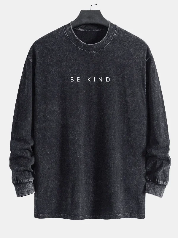 Slogan Print Relax Fit Long Sleeve Washed Distressed T-Shirt