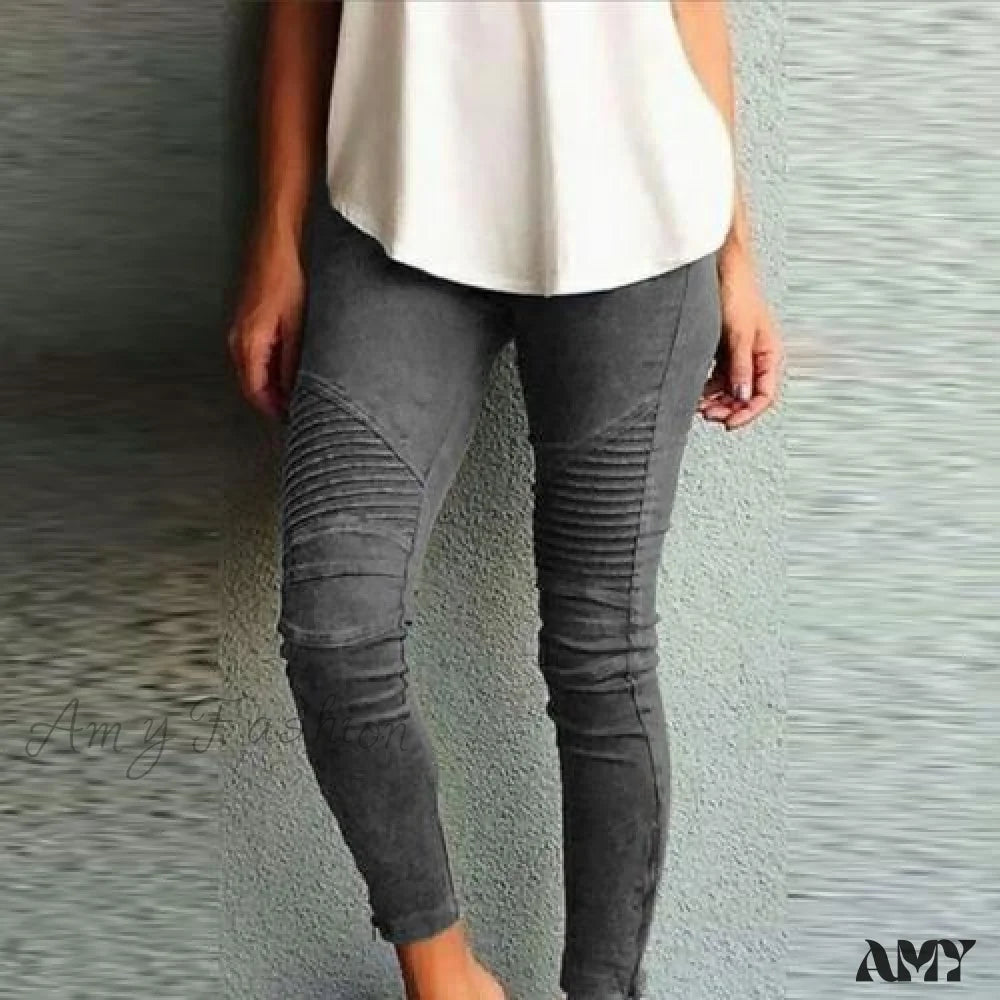 Amy Fashion - Fashion Solid Color Elastic Waistband Slim Skinny Pencil Pant Trouser