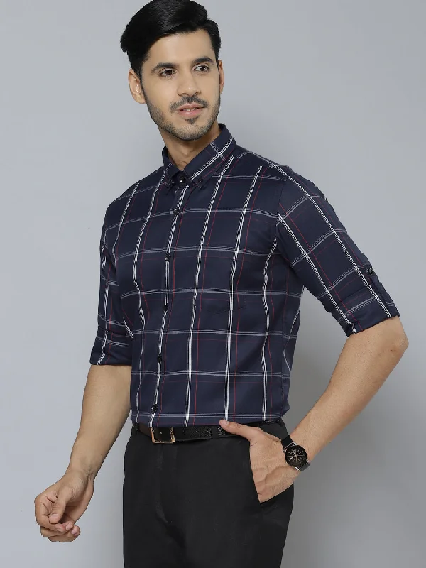 Men Navy Blue  White Smart Slim Fit Checked Formal Shirt