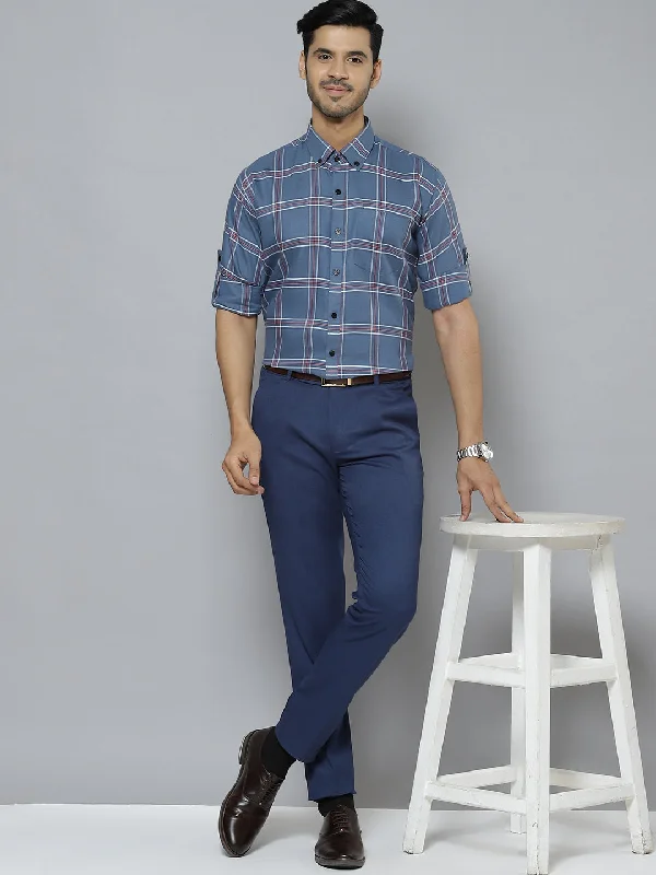 Men Blue  Pink Smart Slim Fit Checked Formal Shirt