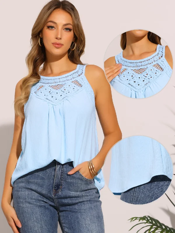 Lace Crochet Sleeveless Solid Color Blouse