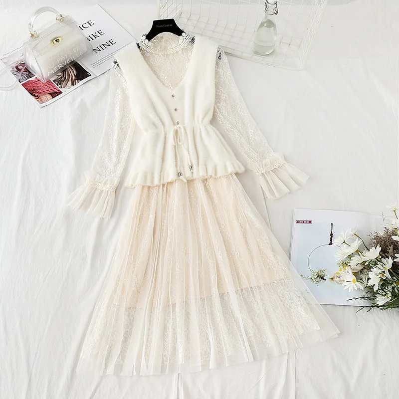 Lace inside dress vest skirt two piece suit  4742