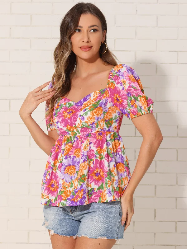Floral Smocked Casual Peplum Babydoll Blouse