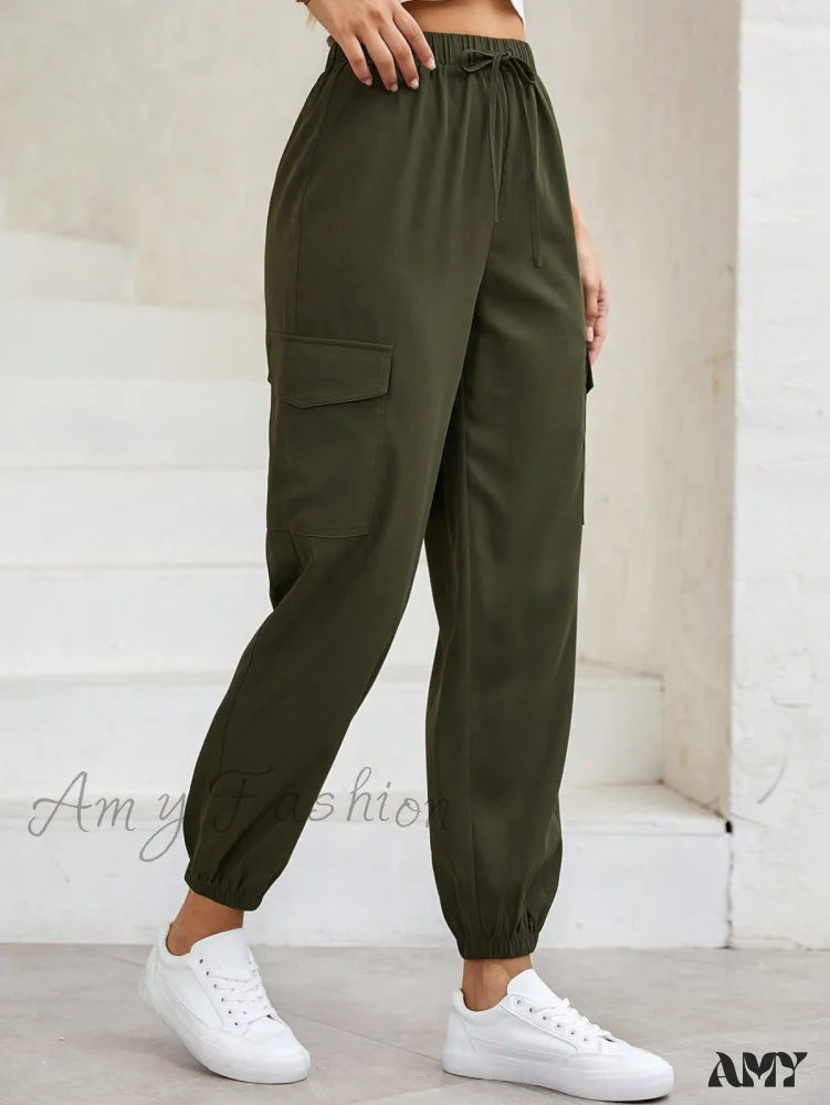 Amy Fashion - Flap Pocket Side Drawstring Waist Cargo Pants