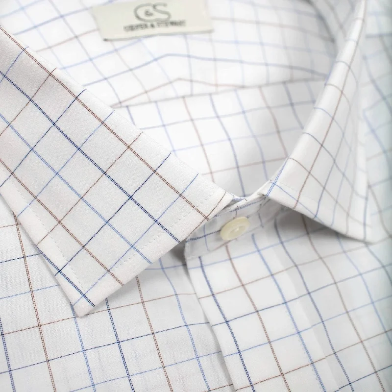 Blue and Tan Check Stretch Cotton Wrinkle-Free Dress Shirt with Spread Collar by Cooper & Stewart Blue and Tan Check Stretch Cotton Wrinkle-Free Dress Shirt with Spread Collar by Cooper & Stewart