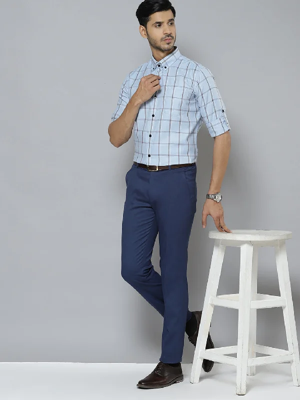 Men Blue  Black Pure Cotton Smart Slim Fit Windowpane Checks Formal Shirt
