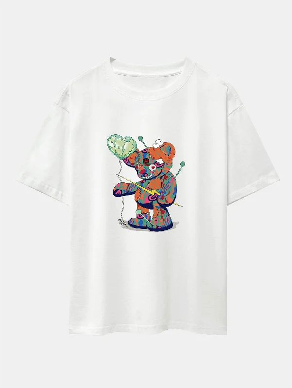 Colorful Tattered Bear Print Drop Shoulder Oversize T-Shirt