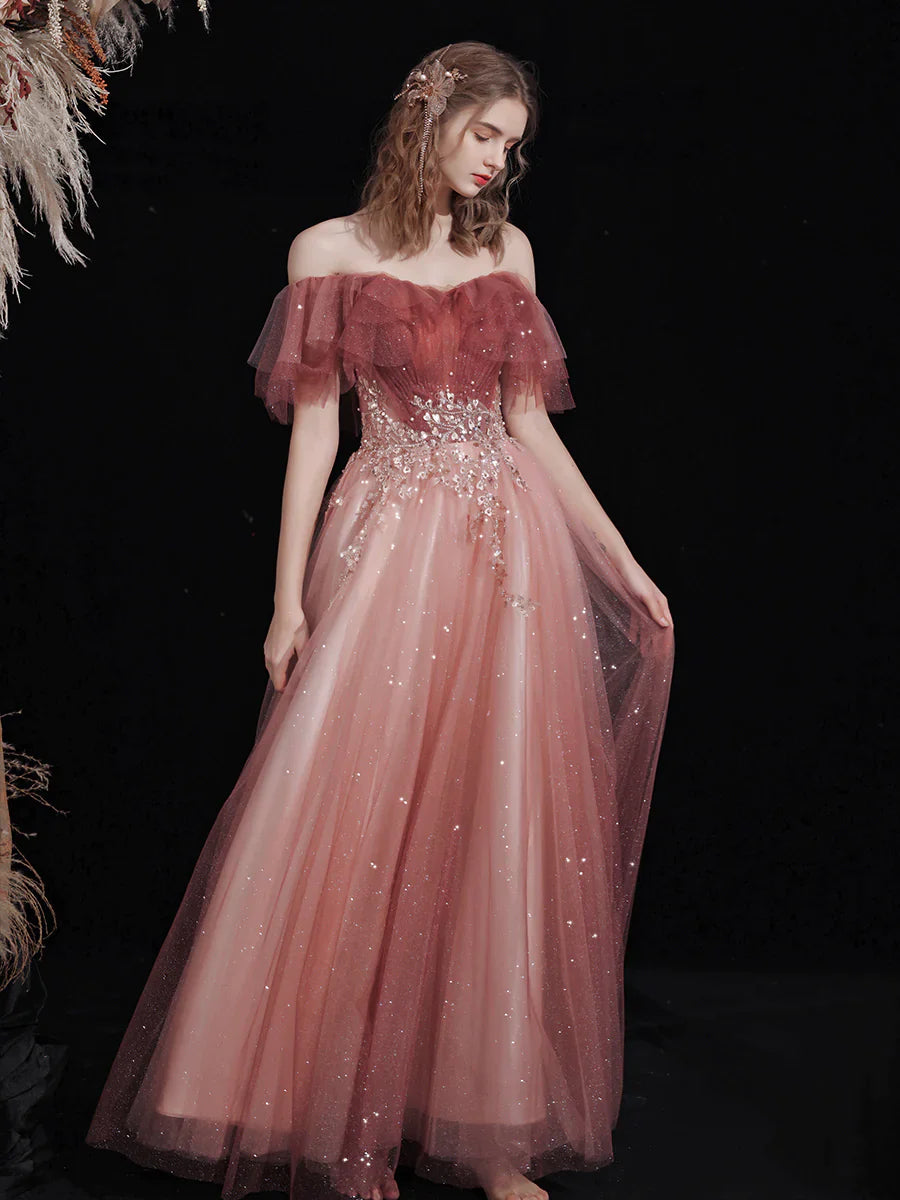 Lovely Pink Floor Length Gradient Shiny Tulle Formal Dress, Pink A-line Prom Dress