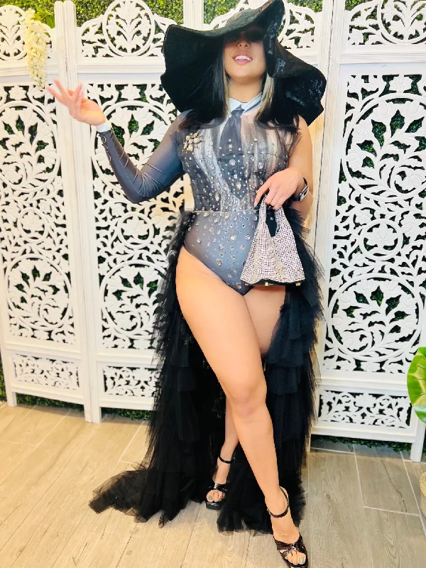 BEBE DAME Tuxedo Costume Bodysuit w/ Bustle & Bling