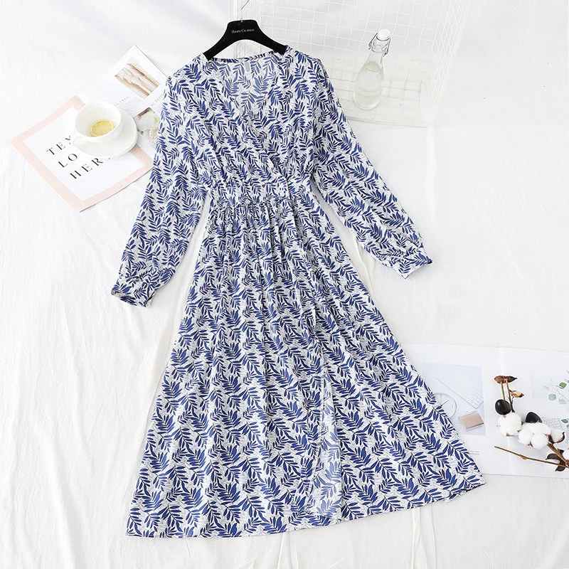 V-neck waist closing Chiffon Dress slim and light mature wind floral skirt  4806