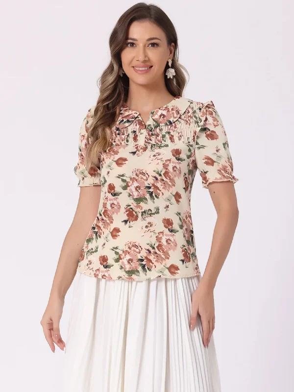 Peter Pan Collar Puff Short Sleeve Ruffle Smocked Floral Blouse