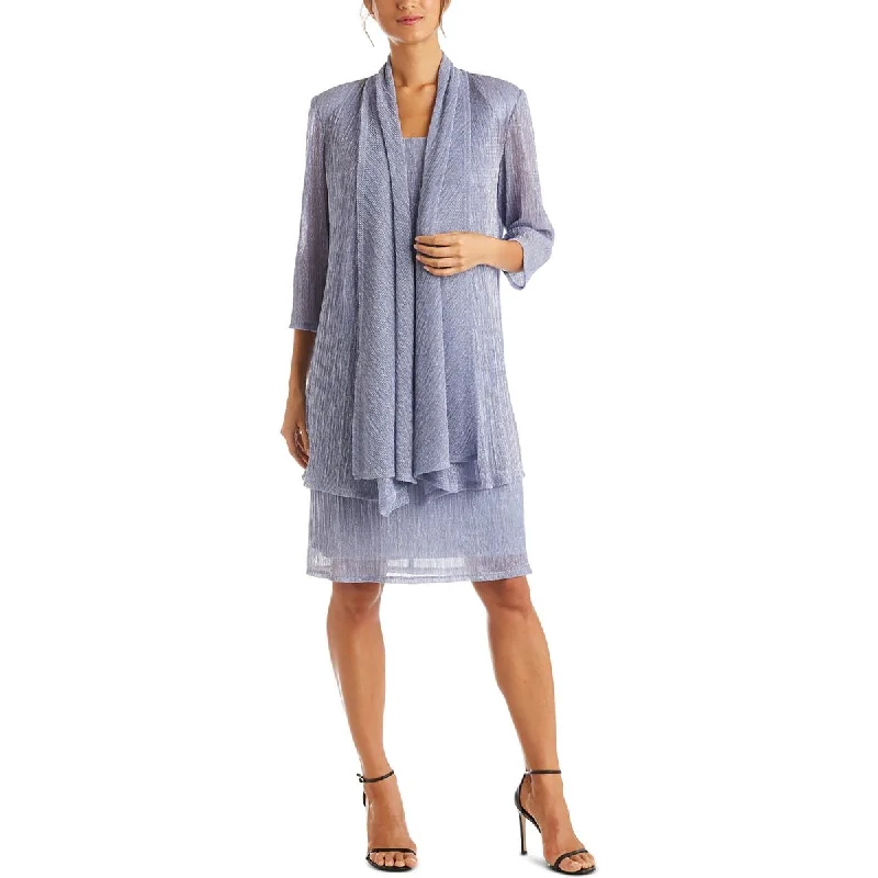 R&M Richards Womens Petites Crinkled Metallic Dress With Jacket