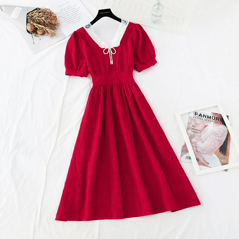 New style pearl square neck skirt with slim waist French dress  4670