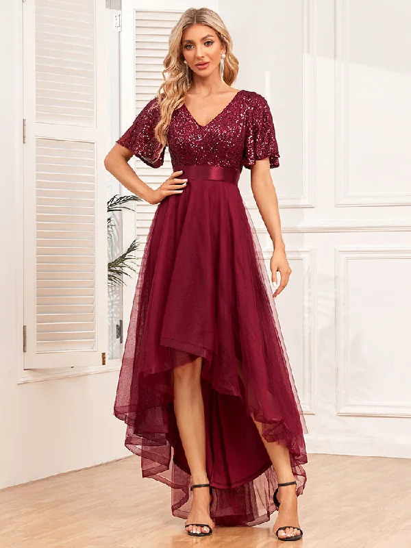 V-Neck Short Sleeves Sequined Bodice High-Low A-Line Tulle Skirt Evening Dress