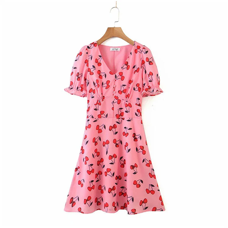 Single breasted Ruffle bubble sleeve skirt dress  7095