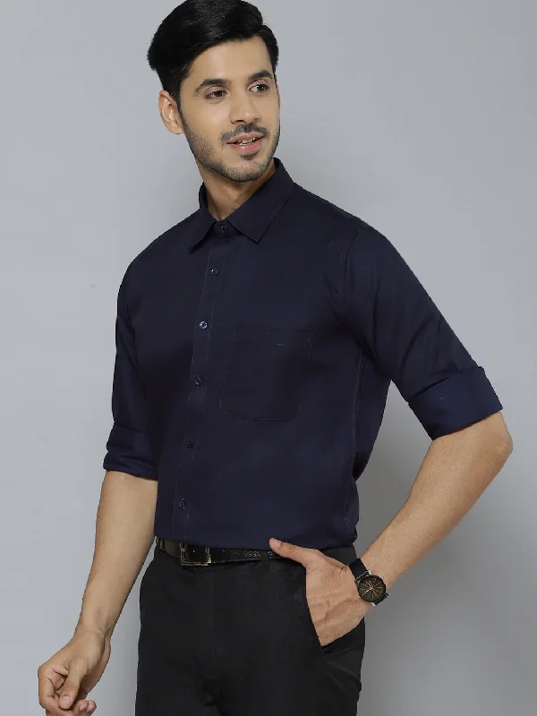 Men Navy Blue Solid Smart Cotton Formal Shirt