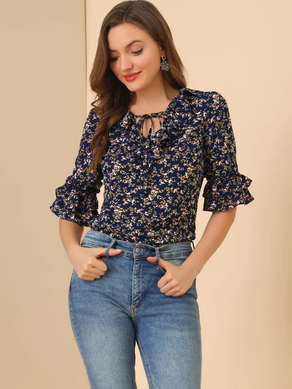 Ruffled Tie Neck Floral Ruffle Half Sleeve Chiffon Blouse