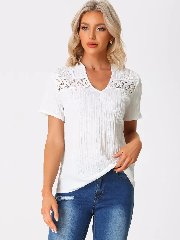 Summer V Neck Short Sleeve Crochet Trim Textured Blouse