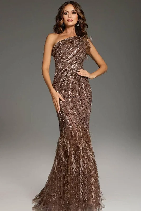 Jovani 39170 - One-Shoulder Feather Detailed Prom Gown