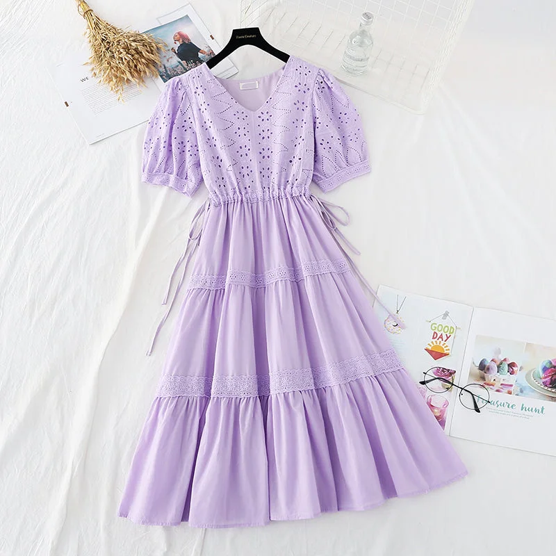New hollow out Crochet skirt bubble sleeve French fairy dress  4625