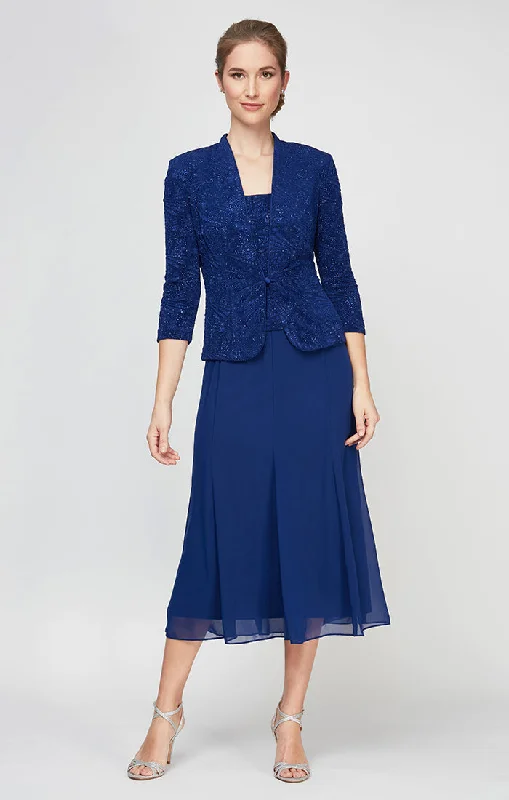 Glitter Jacquard Knit Jacket Dress with Tea-Length Mesh Skirt